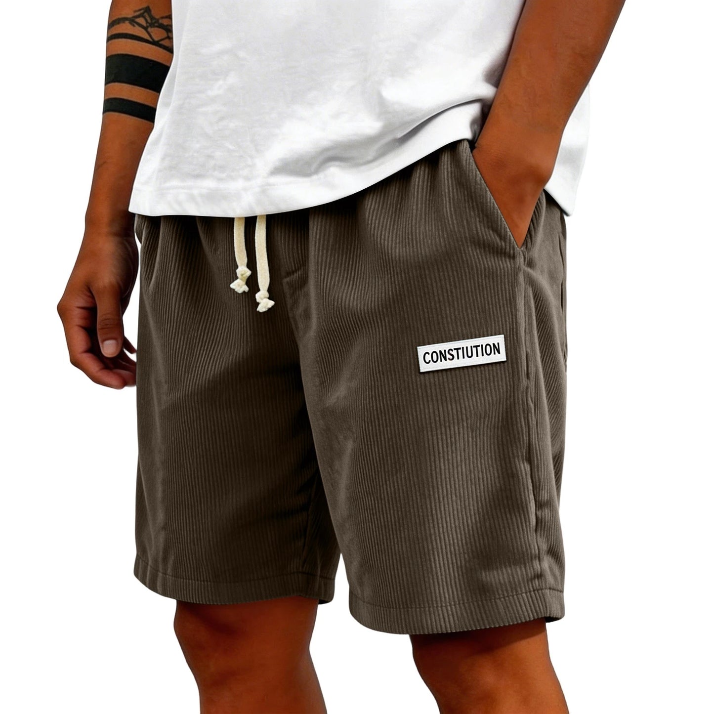 Men's Corduroy Casual Shorts Drawstring Elastic Waist Loose Fit Five-Point Shorts With Pockets Labelled Men's Bottoms Sporty