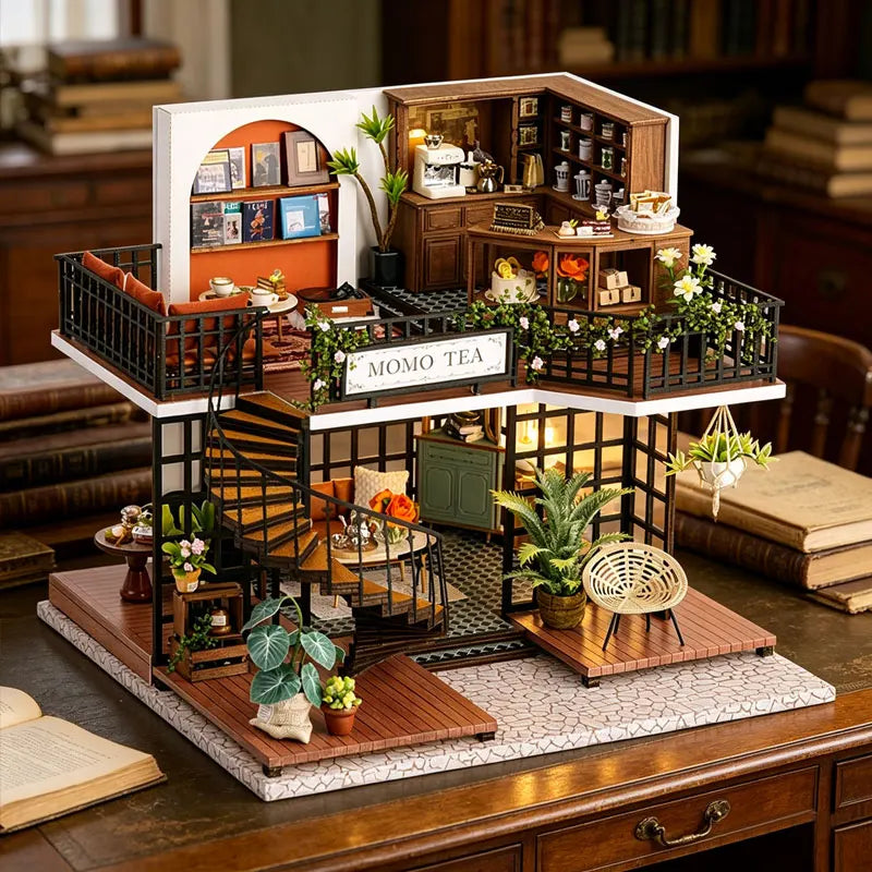 Wooden DIY Miniature Dollhouse Kit with LED Lights 3D Puzzle Doll House Building with Furniture Creative Craft Gifts Home Decor