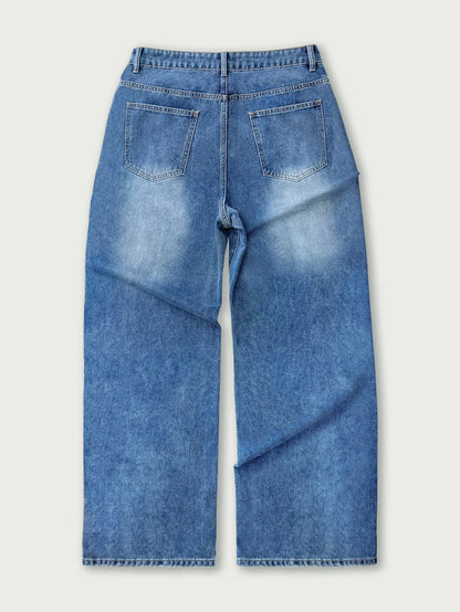 Men's vintage washed wide-leg jeans, vertical stripes, high-waist drape, floor-length trousers, outdoor casual and versatile