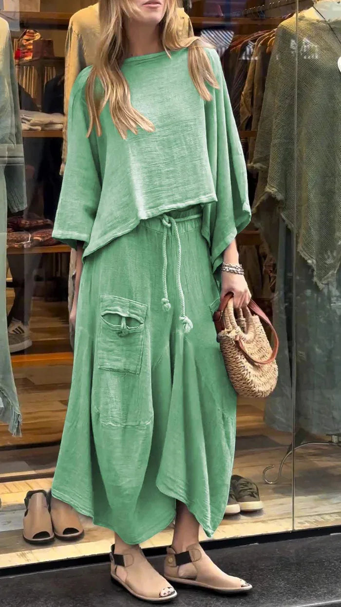 2024 Autumn Fashion New Women's Cotton and Linen Loose Skirt Two-piece Set Solid Color Irregular Top Waist Pocket Skirt Set