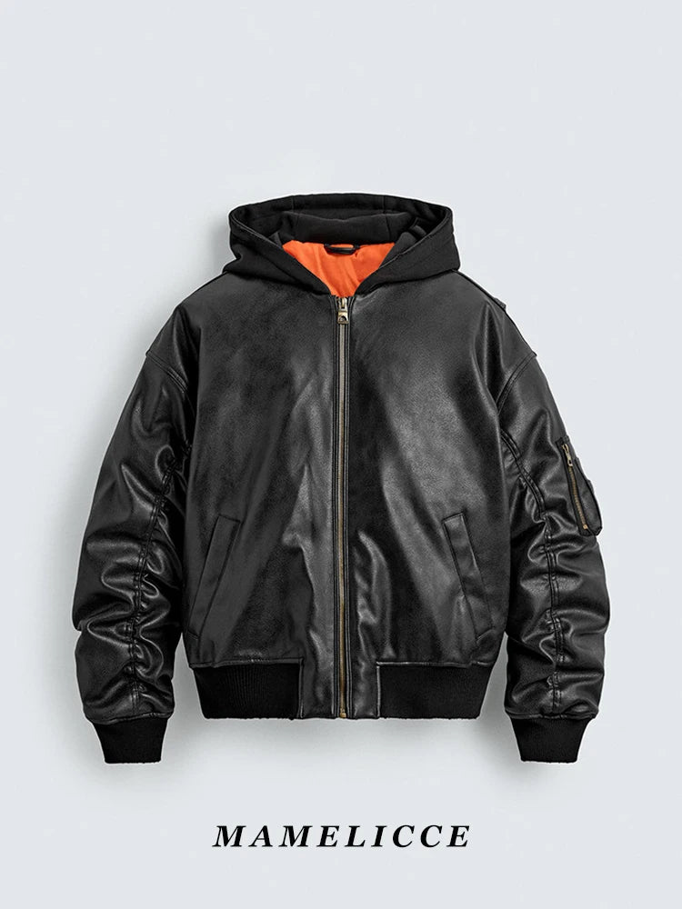 MAMELICCE Original design Hooded Splicing Faux leather jacket Men's clothing Thickened coat Cotton jackets Autumn and winter top