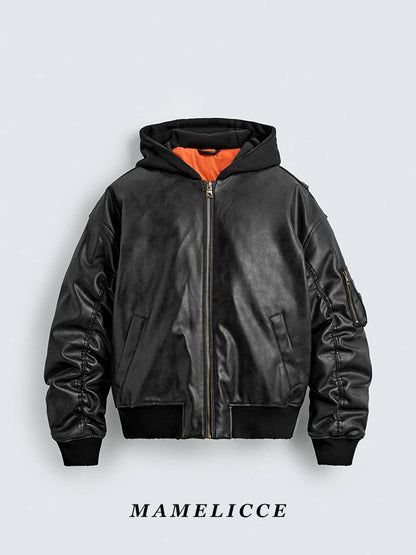 MAMELICCE Original design Hooded Splicing Faux leather jacket Men's clothing Thickened coat Cotton jackets Autumn and winter top