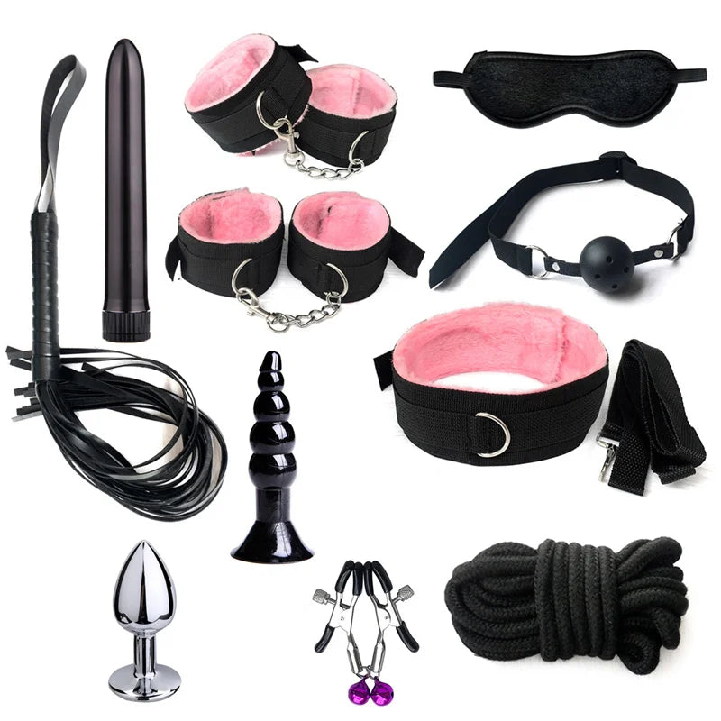 Sex Bondage Set Plush Sex Toy BDSM Kits for Women Couples Adult Games Adjustable Handcuffs Ankle Whip Gag Nipple Clamps Toys