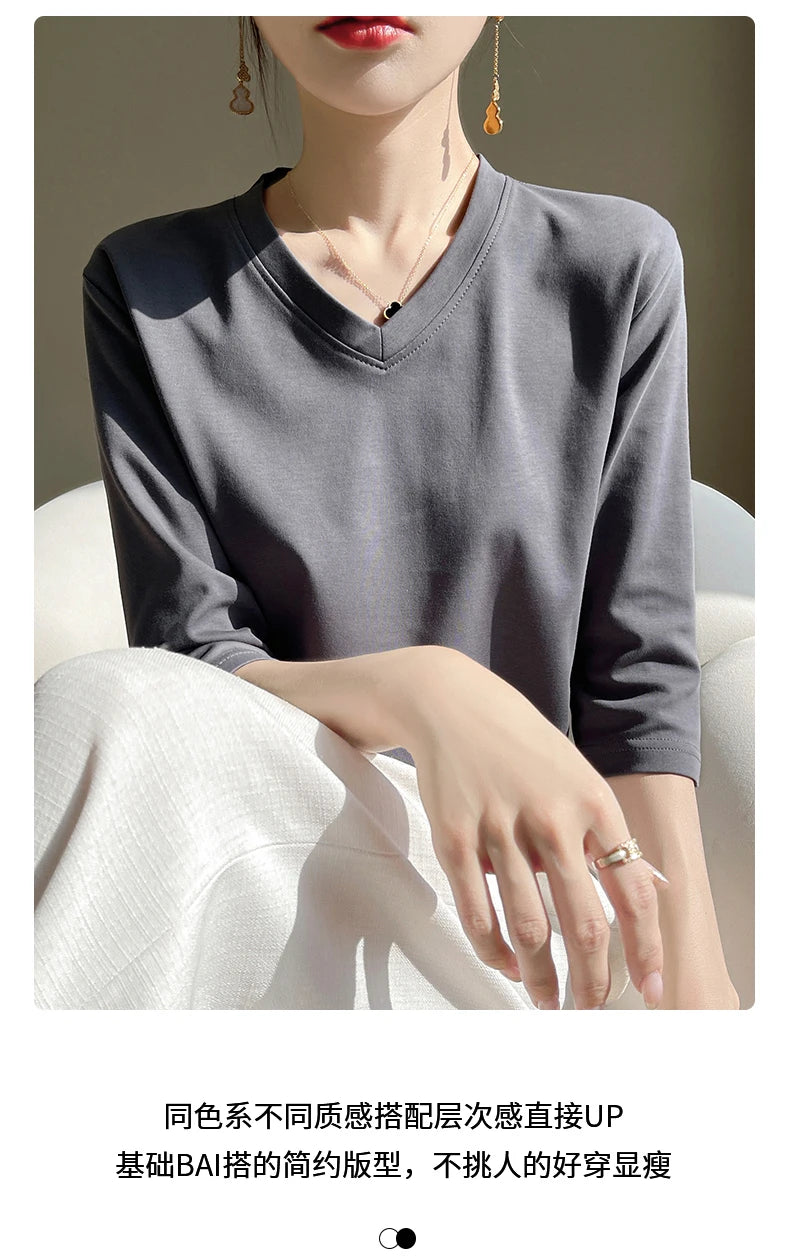 Spring And Summer New White Mercerized Cotton Cropped Sleeve T-shirt Feminine Joker 100% Cotton Bottoming Shirt Half Sleeve