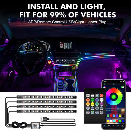 BEVINSEE 36 LED RGB Car Interior Ambient Light 4-in-1 LED Strips Multi-color APP Control Atmosphere Lighting Cigarette Plug 12V
