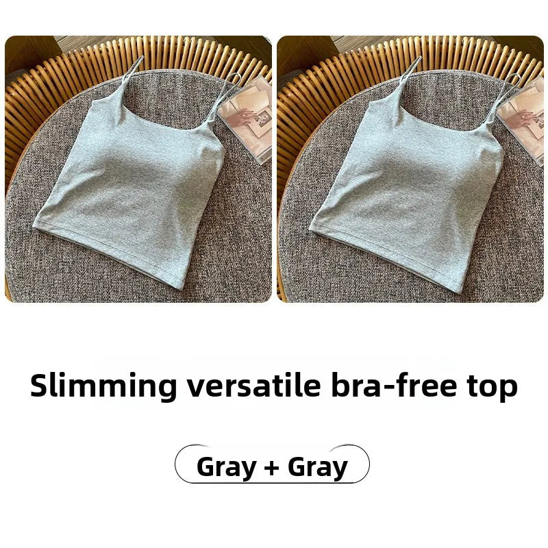 Summer New Small Strap Vest with Chest Pad Backless Integrated Inner And Outer Wear Slimming  Color Short Top for Women