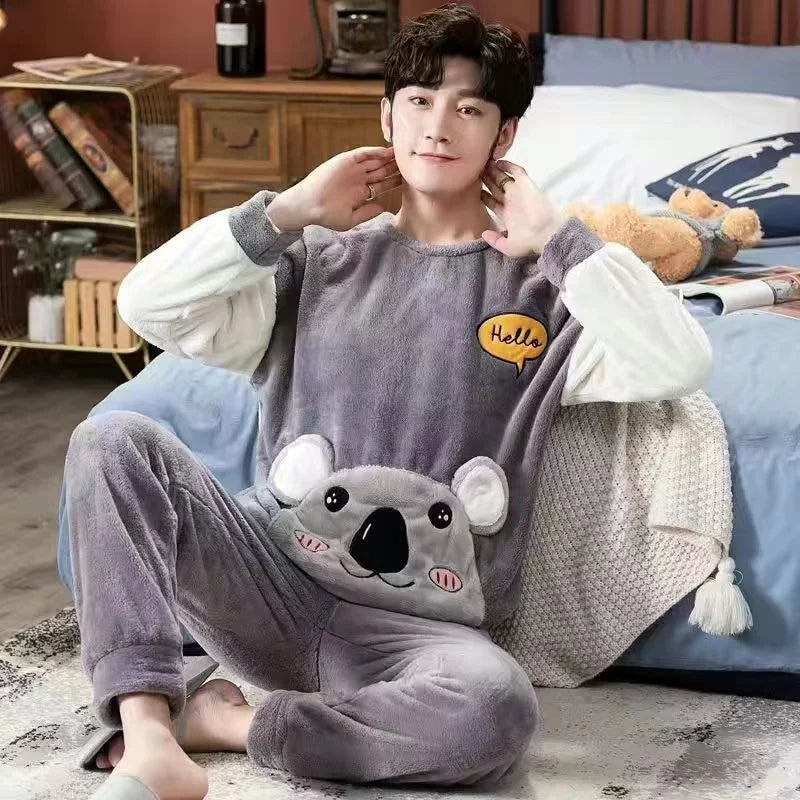 Cartoon Green Dinosaur Design Pajamas for Men Korean Kawaii Cute Letter Print Men's Pajamas 2024 Autumn Winter Warm Sleepwear