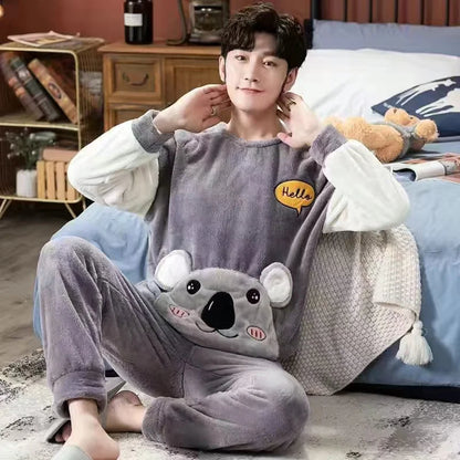 Cartoon Green Dinosaur Design Pajamas for Men Korean Kawaii Cute Letter Print Men's Pajamas 2024 Autumn Winter Warm Sleepwear