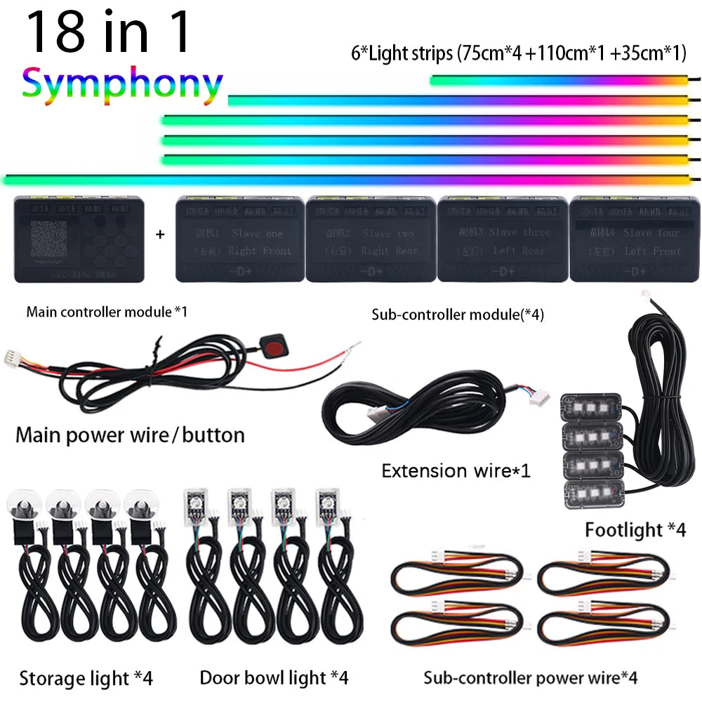 18 in 1 Dual Zone Symphony LED Car Ambient Lights RGB 64 Colors Interior Rainbow Acrylic Strip Neon Atmosphere Lighting Kit App