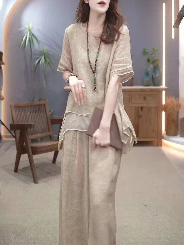 Retro Cotton Linen Set Women's Summer 2026 New Ethnic Style Loose Slimming Belly Covering Two-Piece Set Fashionable Casual Wear