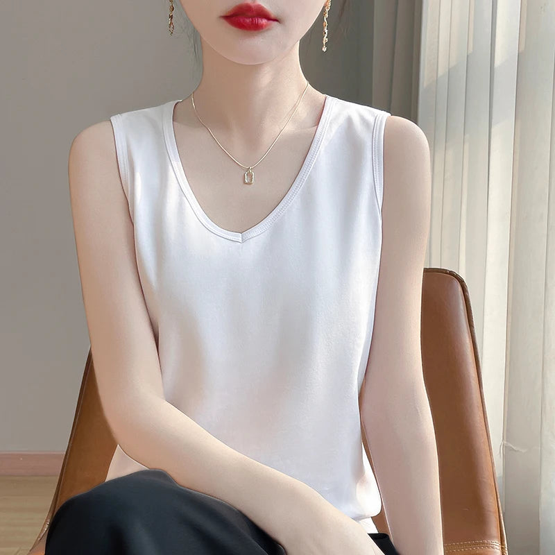 Summer New Cotton V-neck Camisole Women's Wide Shoulder Strap Bottoming Shirt Sleeveless Mercerized Cotton T-shirt