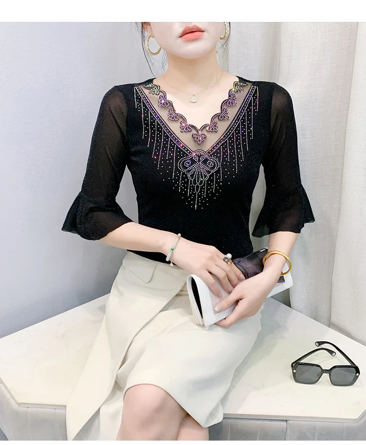 2026 Spring Summer Mesh Tops Korean Fashion Diamond T Shirt Slim 3/4 Sleeve Hollow Out Casual Women Shirt