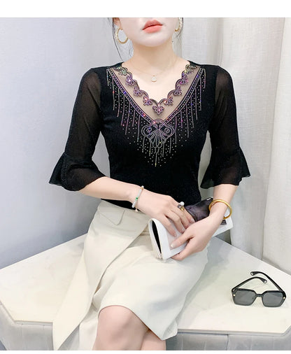 2026 Spring Summer Mesh Tops Korean Fashion Diamond T Shirt Slim 3/4 Sleeve Hollow Out Casual Women Shirt