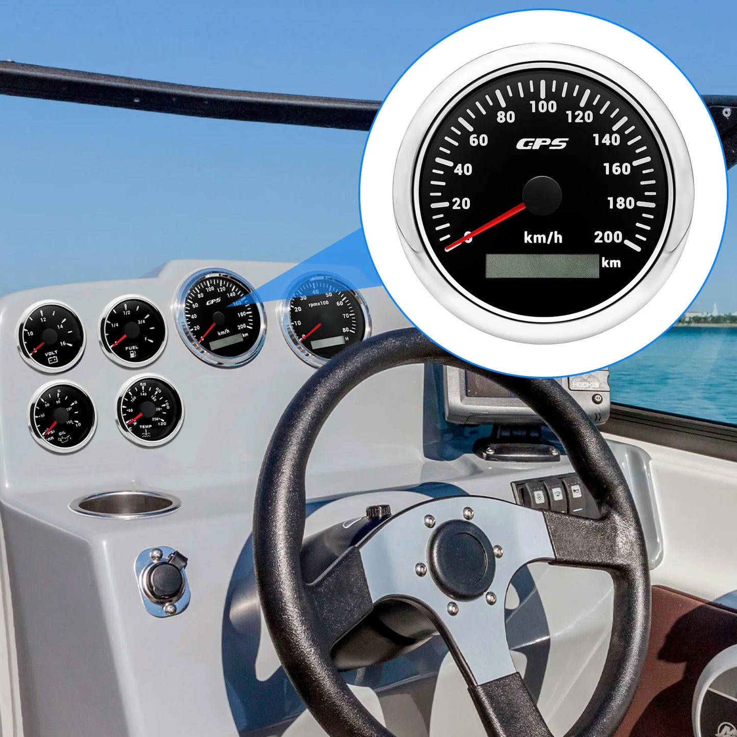 A 85MM GPS Speedometer For Motorcycle Marine Boat 30~200 Kmh Boat Car Truck Speed Gauge Meter With GPS Antenna 7 Color Backlight