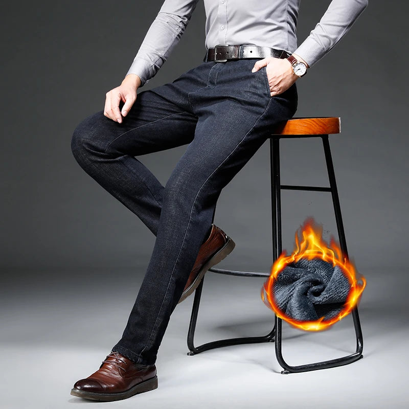 Fleece Jeans Men's Winter Thick Business Velvet Trousers Soft Fashion Brand Classic Straight Loose Warm Plush Denim Pants