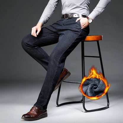 Fleece Jeans Men's Winter Thick Business Velvet Trousers Soft Fashion Brand Classic Straight Loose Warm Plush Denim Pants