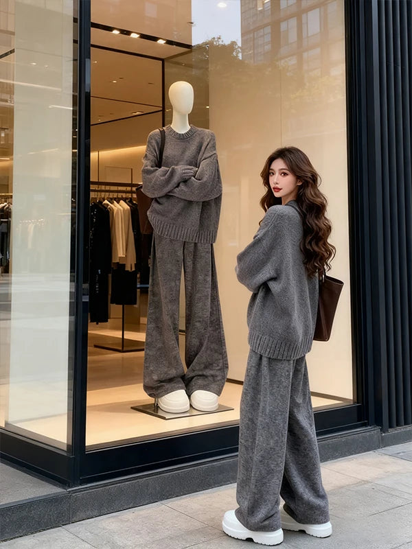Korean Style Lazy Fashion Women's High-End Knitted Sweater And Wide Leg Pants Two-Piece Set Straight Cut Casual Outfit