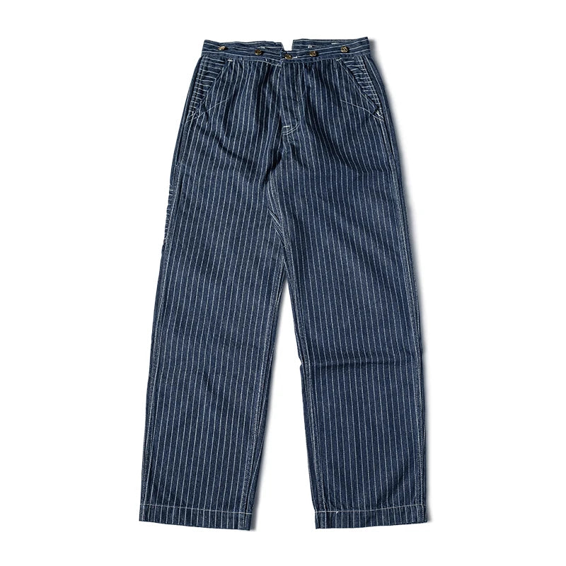 Non Stock 1920s Waist Overall Wabash Stripe Jeans Retro Men's Work Pants Indigo