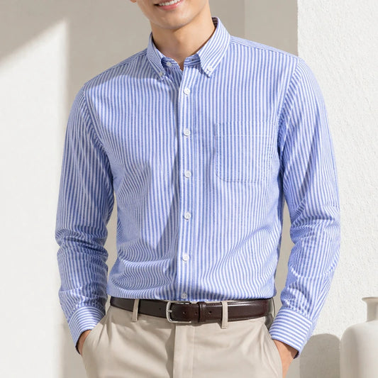 New in Tops Pure Cotton Oxford Plaid Striped Shirts For Men Long Sleeve Classic Business Formal Slim Fit Casual Designer Clothes