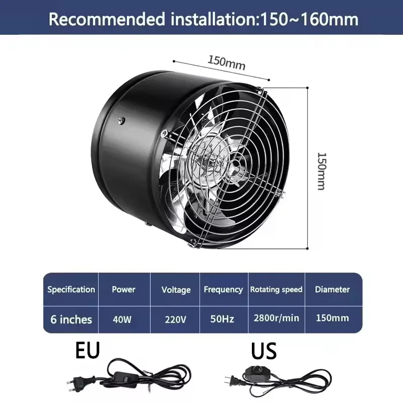 4''6''8'' Pipe Exhaust Fan Air Ventilator Metal Pipe Ventilation Exhaust Fan Mini Extractor Bathroom Toilet Wall Fan Duct Fan