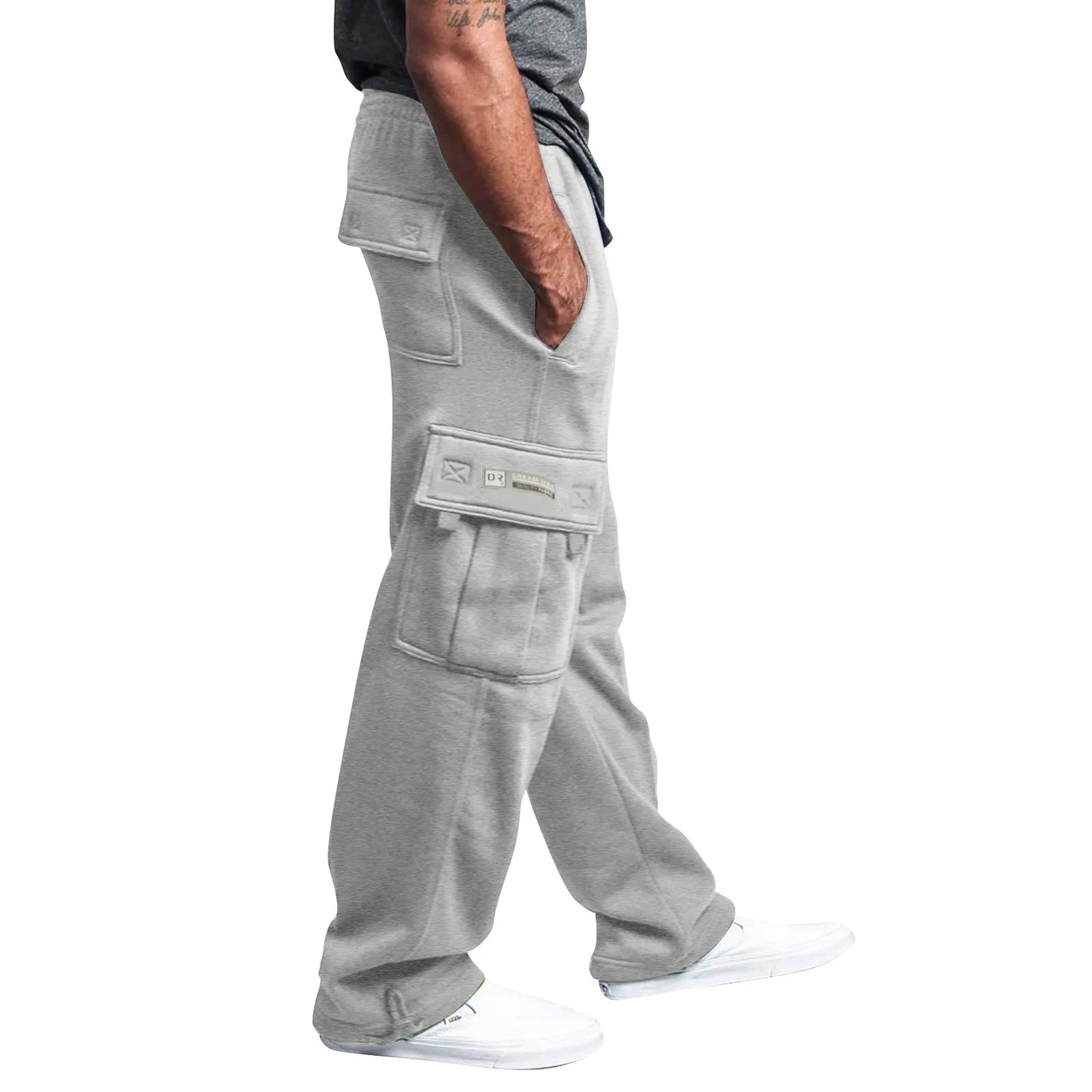 Men's Cargo Pants Rope Loosening Waist Solid Color Pocket Trousers Comfortable Loose Sports Trousers Casual Wide Leg Pants