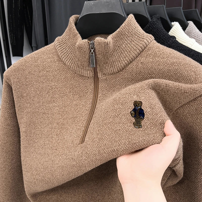 Hot Sale Quality Thicken Men's Sweater Zipper Bear Embroidery Warm Knitted Sweater Japan Winter Hoodies Fashion Soft Men's Wear