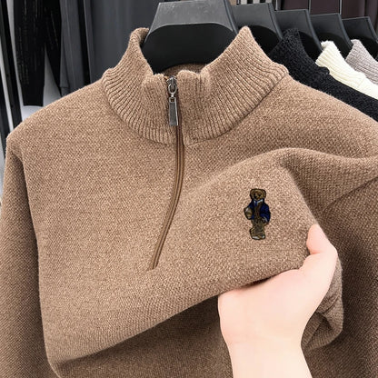 Hot Sale Quality Thicken Men's Sweater Zipper Bear Embroidery Warm Knitted Sweater Japan Winter Hoodies Fashion Soft Men's Wear