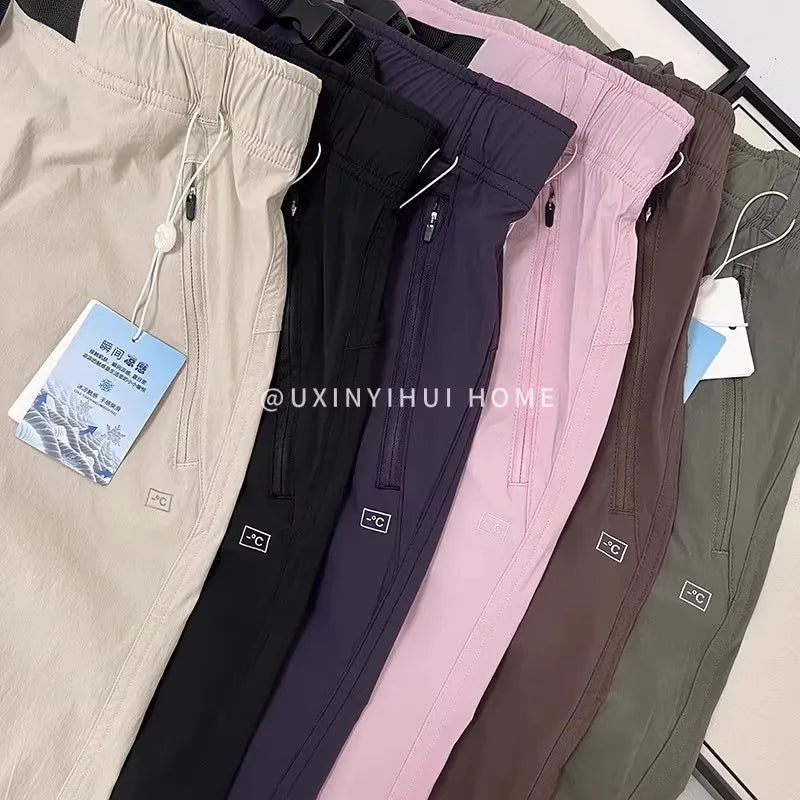 Lightweight Breathable Quick-Dry Paratrooper Pants Women's Casual Loose Fit Sunscreen Waist Cord Trousers Korean Style High W...