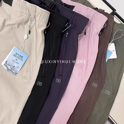 Lightweight Breathable Quick-Dry Paratrooper Pants Women's Casual Loose Fit Sunscreen Waist Cord Trousers Korean Style High W...