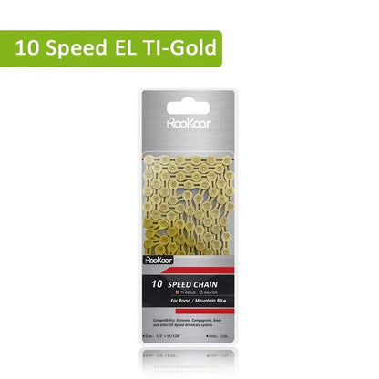 Rookoor Bicycle Chain 6 7 8 9 10 11 Speed Velocidade Titanium Plated TI Gold Silver Mountain Road Bike MTB Chains Part 116 Links