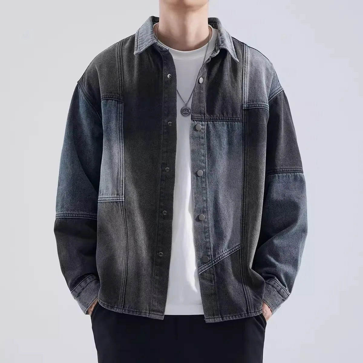 American Retro Spliced Denim Jacket, Men's Spring and Autumn New Trendy Brand Loose Casual Shirt, Tooling Jacket Top