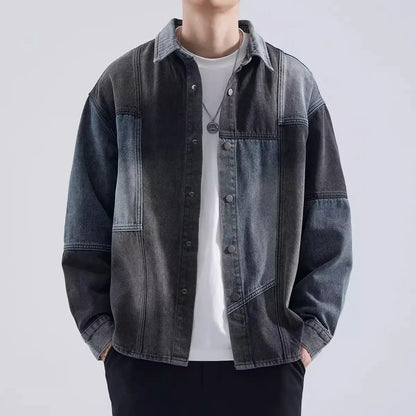 American Retro Spliced Denim Jacket, Men's Spring and Autumn New Trendy Brand Loose Casual Shirt, Tooling Jacket Top