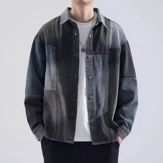 American Retro Spliced Denim Jacket, Men's Spring and Autumn New Trendy Brand Loose Casual Shirt, Tooling Jacket Top
