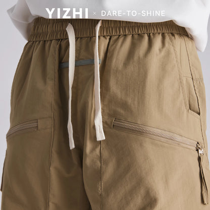 Fashion Men Techwear Diagonal Zip Big Pockets Cargo Shorts 2026 Summer Loose Breathable Outdoor Straight 5 Inch Bermuda Shorts