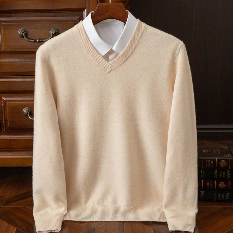 2025 Men's 100% Merino Wool Cashmere V-neck Sweater Pullover Smart Casual Basic Long Sleeve Knitwear Clothes Tops Autumn Winter
