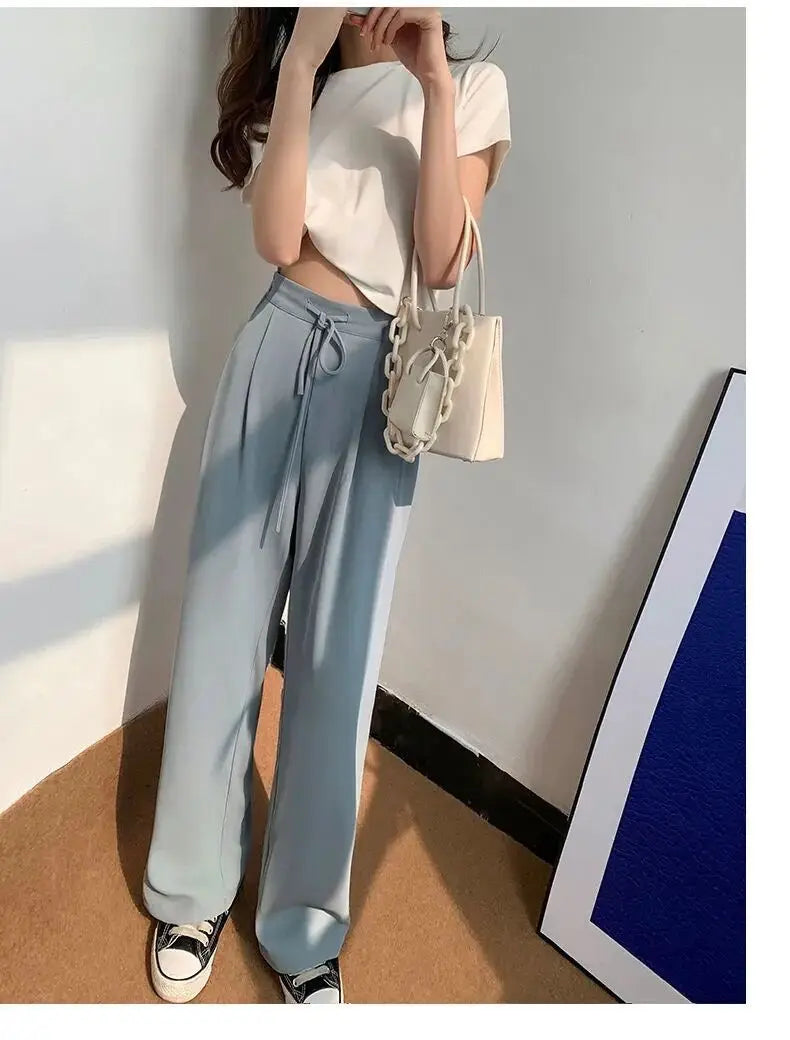 Ice Silk High Waist Wide Leg Pants Women Summer Loose Thin Straight Casual Trousers Korean Style Polyester Fiber Skin-friendl...