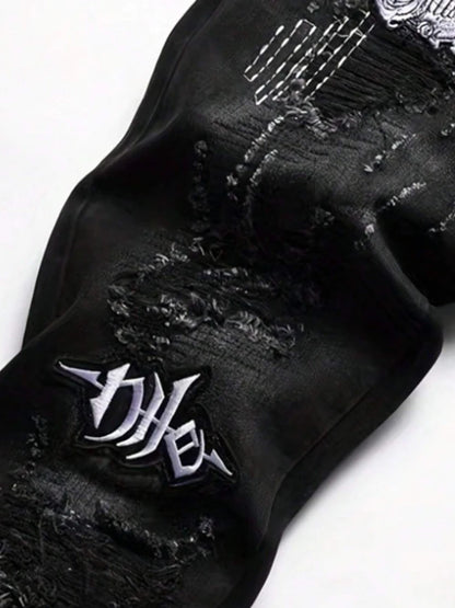 Men's Black Distressed Jeans Skull Patch & Embroidery Letter Print Slim Fit Stretch Denim Pants Street Fashion Biker Trousers