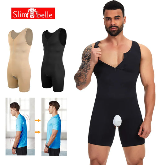 Men's Compression Bodysuit Tummy Control Body Shaper Seam-free Open Crotch Underwear Low Neckline Shapewear with Zipper Fajas