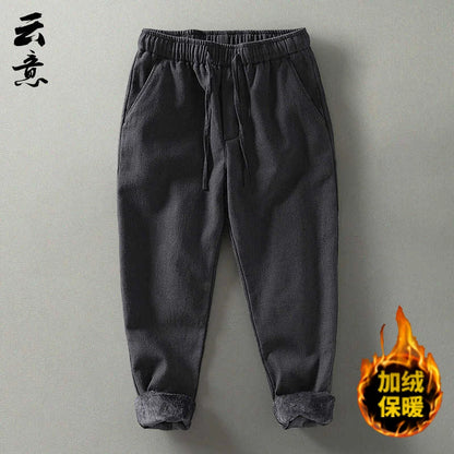 Men's Winter Thickened Cotton Linen Casual Pants Loose Fit Thermal Long Trousers Traditional Chinese Style Warm Cotton Padded