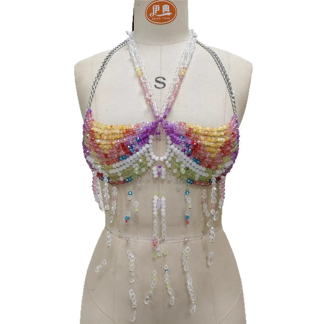 Women's Beading Vest Hollow Out Tops Body Beachwear Lingerie Harness Beaded  Bralette Neck Bra Bustier Bra Women Club Rave