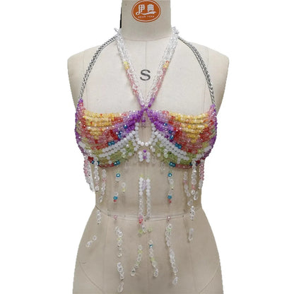 Women's Beading Vest Hollow Out Tops Body Beachwear Lingerie Harness Beaded  Bralette Neck Bra Bustier Bra Women Club Rave