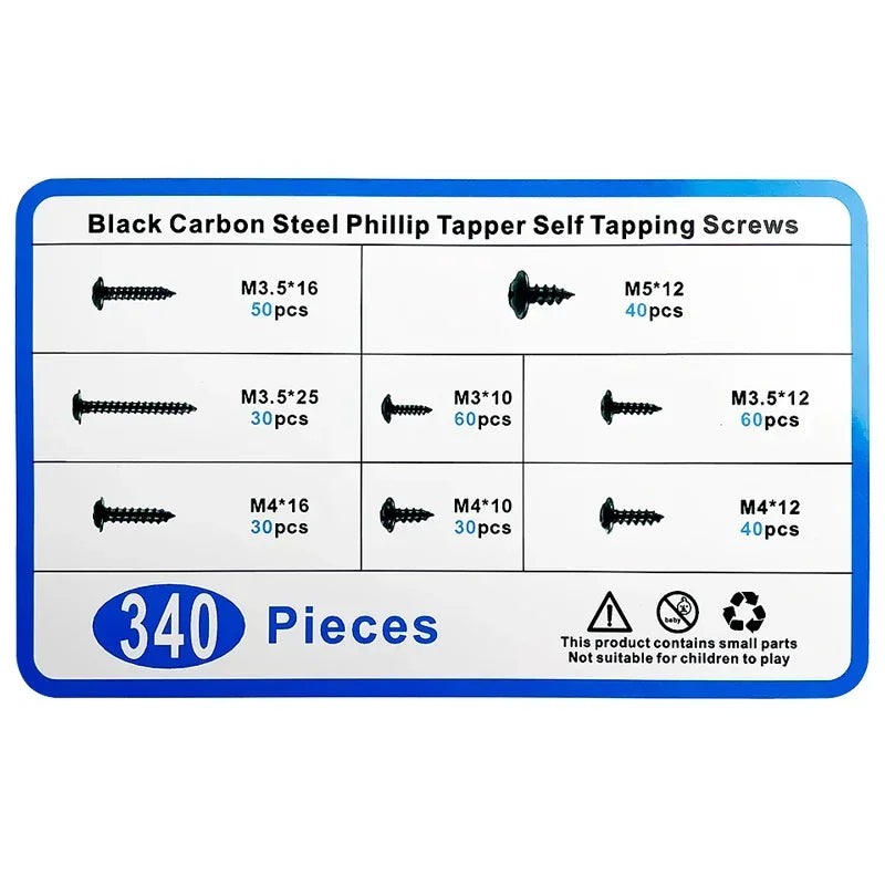 340PCS Assorted Screw Kit Black Carbon Steel Phillips Tapper Screws Set for DIY Furniture Wood Working Repair Fasteners Tool