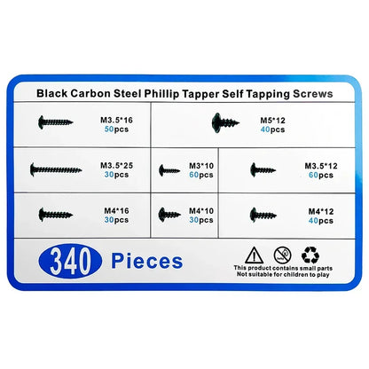 340PCS Assorted Screw Kit Black Carbon Steel Phillips Tapper Screws Set for DIY Furniture Wood Working Repair Fasteners Tool