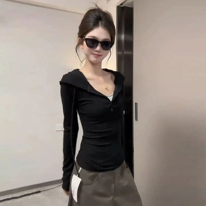 plus Size Women's Grey Long Sleeve Hoodie Slim Fit Base Shirt Korean Style Autumn New Arrival Fashionable Casual Top