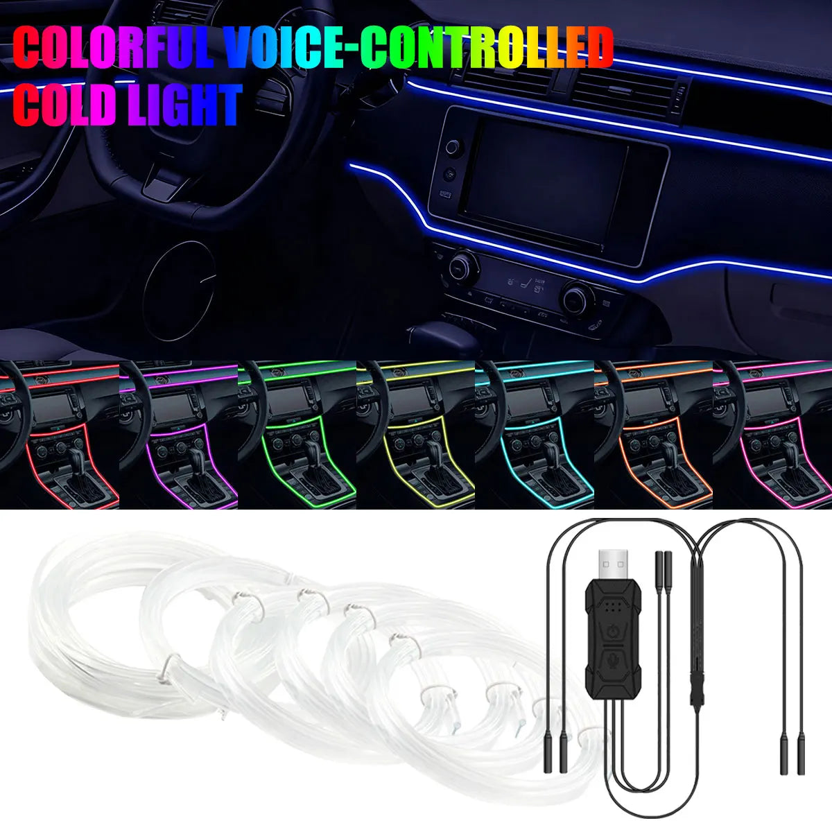 Car RGB LED Ambient Light Strip USB Fiber Optic Atmosphere Car Neon Interior Light Strip Center Console Door Decoration Lamp