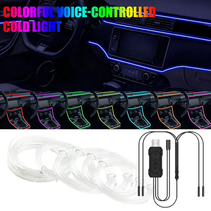 Car RGB LED Ambient Light Strip USB Fiber Optic Atmosphere Car Neon Interior Light Strip Center Console Door Decoration Lamp