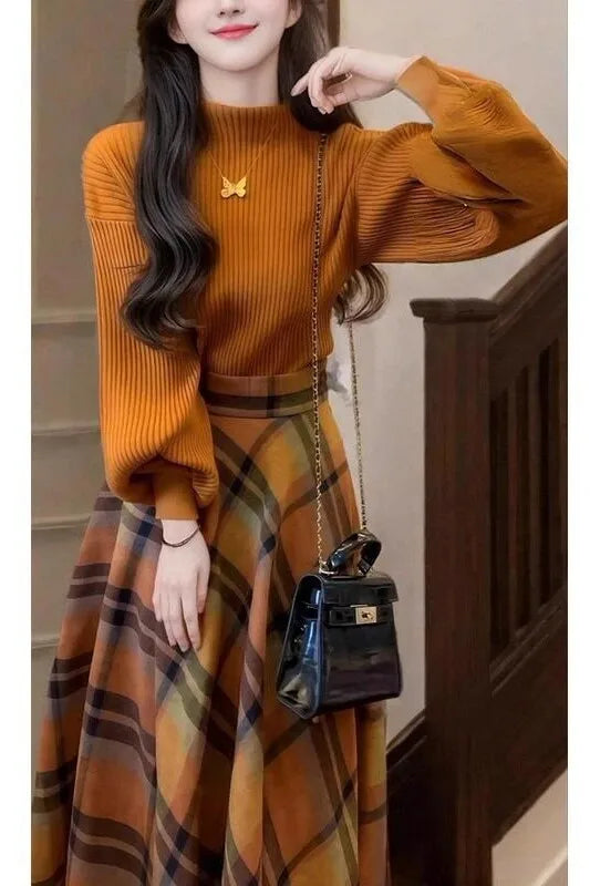 Retro Knitted Sweater Skirt Set Women's Plaid  Skirt Long Sleeve round Neck Two-Piece Suit Autumn Fashion Casual Wear