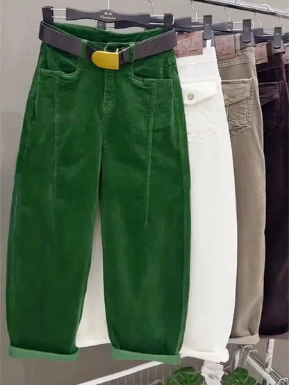 High Waist Cotton Corduroy Harlan Pants Slim Fit Casual Nine Point Knife  Straight Leg Crop Leisure Long Trousers