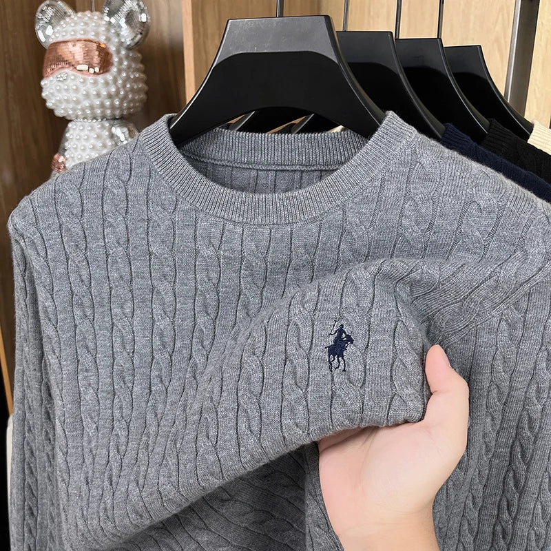 2025 Best-selling Xiaoma Logo Sweater Men's New Round Neck Autumn and Winter Men's Texture Striped Casual Knitted Top Sweater