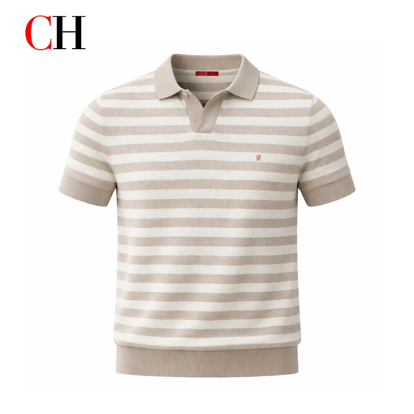 CH Men Two Tone Striped Short Sleeve Polo Shirt Distinct Tiny Brand Embroidery Left Chest Minimalist Golf Vacation Commute Wear